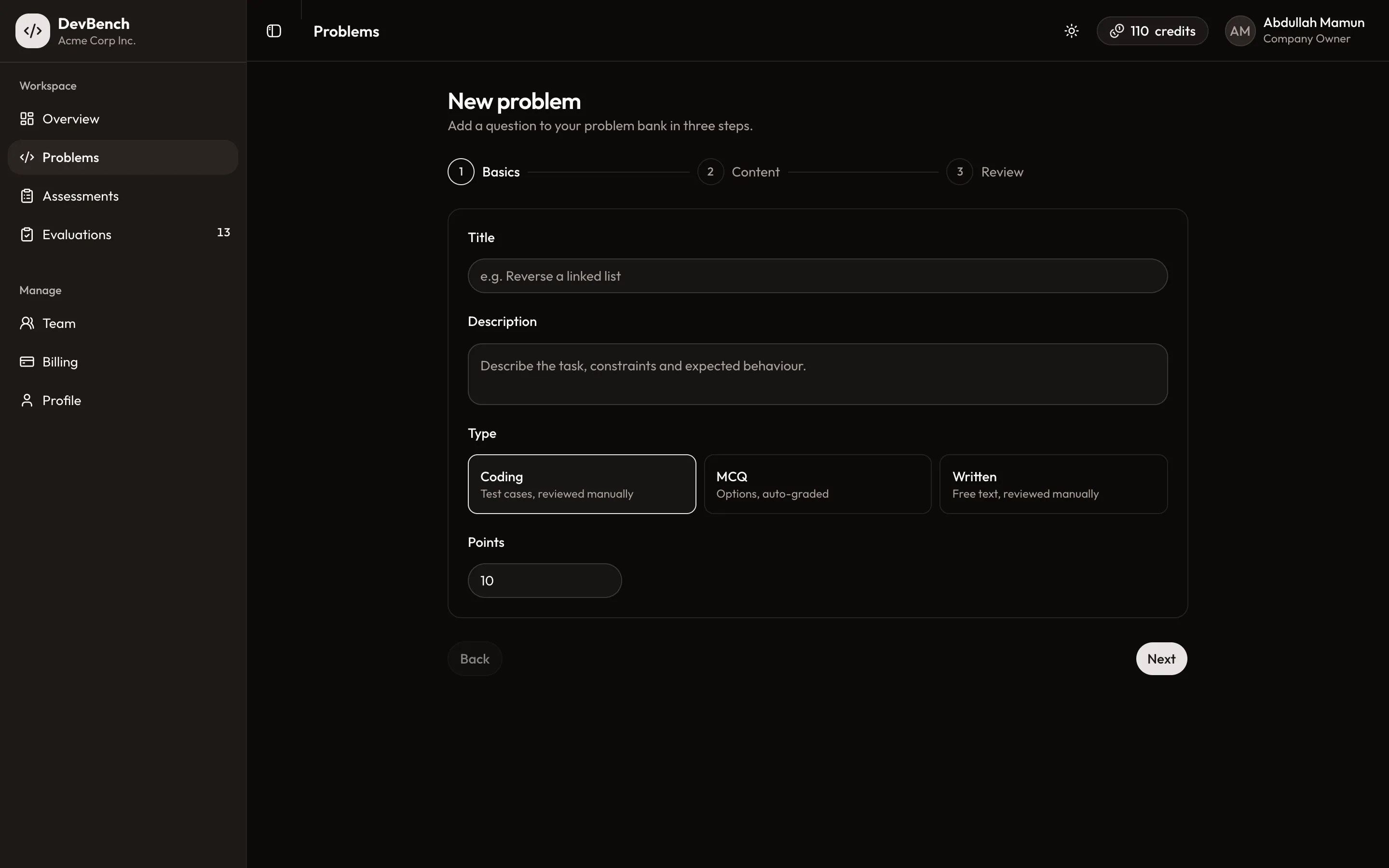 Company dashboard: the three-step New problem wizard with title, description, type (coding, MCQ, written) and points