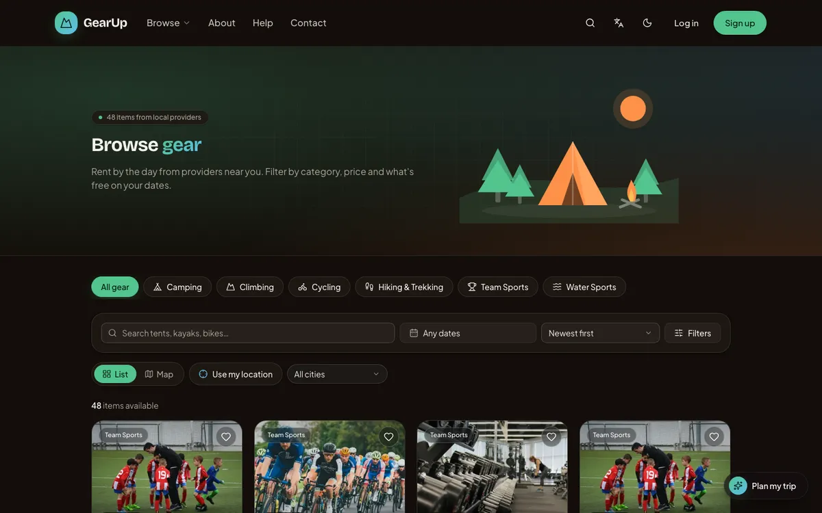 Browse gear: category chips, search, dates, sorting, filters, a list or map view and gear cards