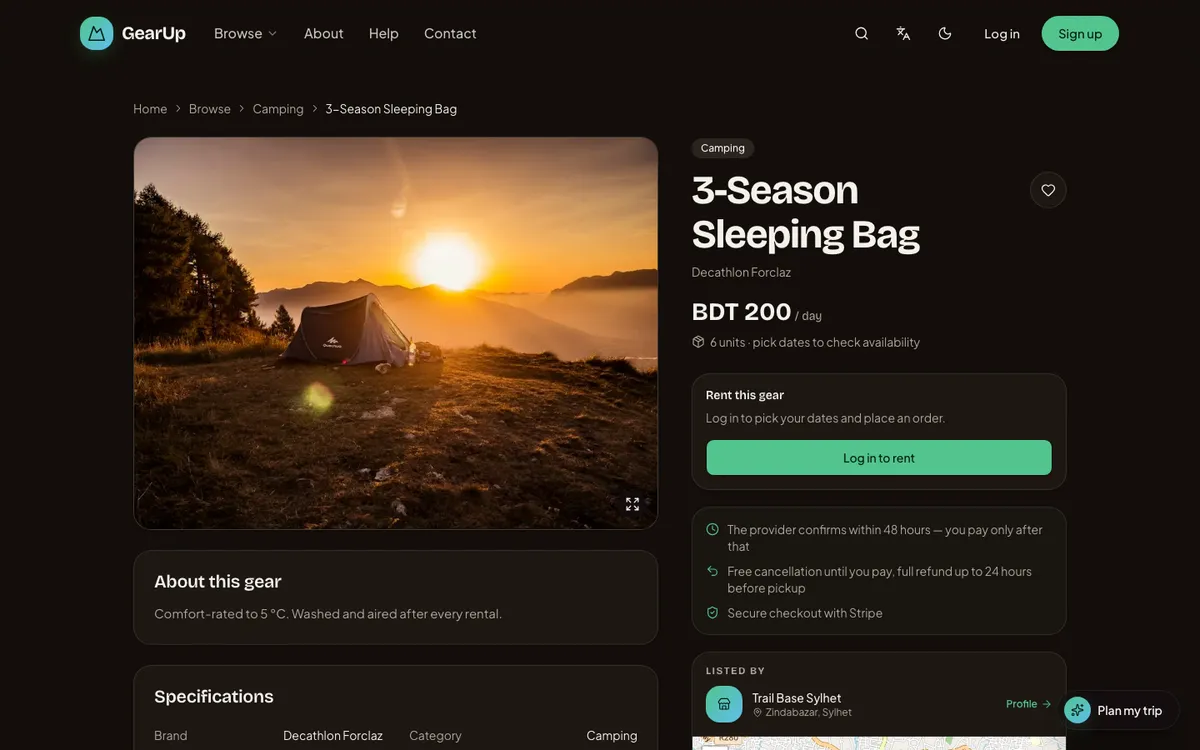 Gear detail: a 3-Season Sleeping Bag at BDT 200 a day, with the rent panel, cancellation terms and the provider