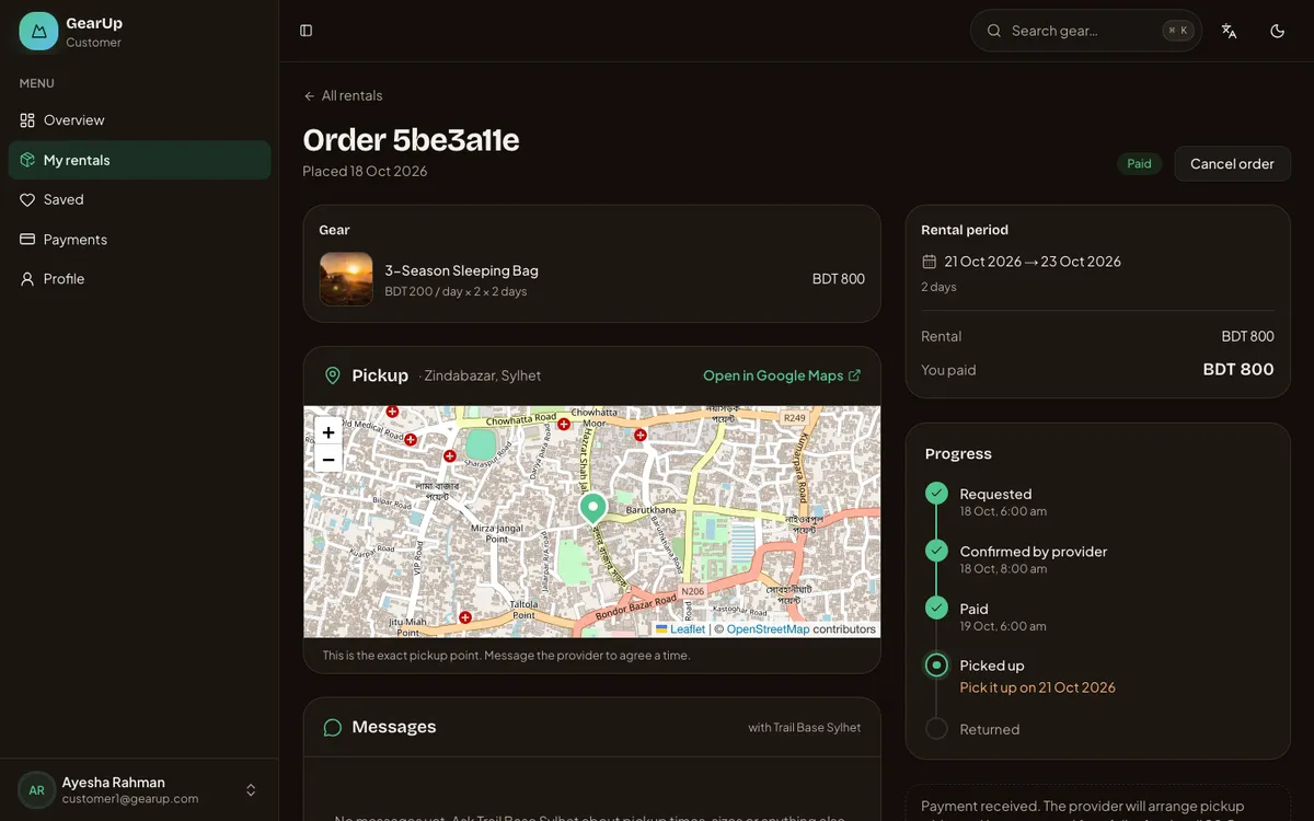 Customer order page: rental period, payment, the pickup point on a map and the order's progress from requested to returned